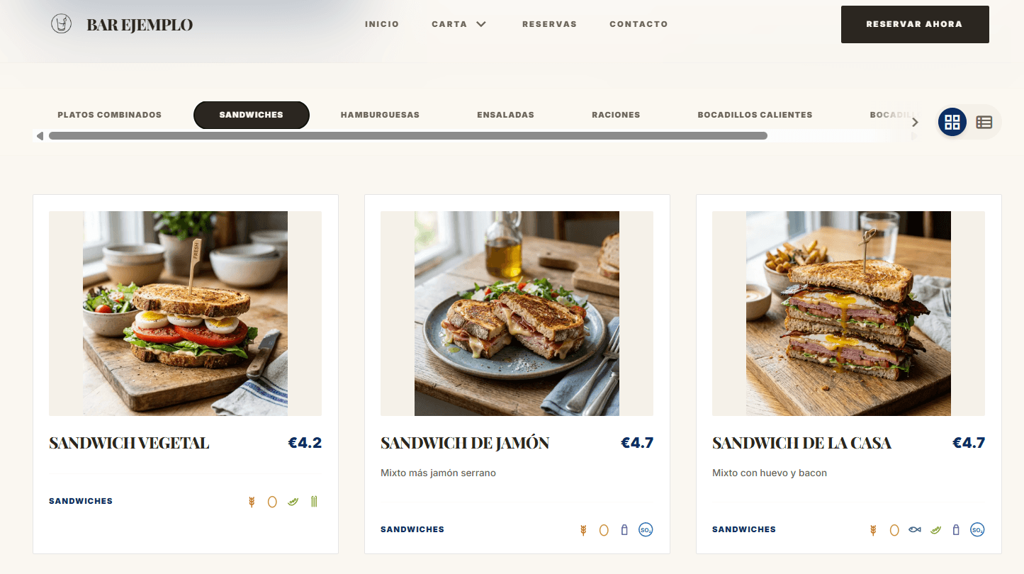Carta digital para restaurante en una pantalla móvil