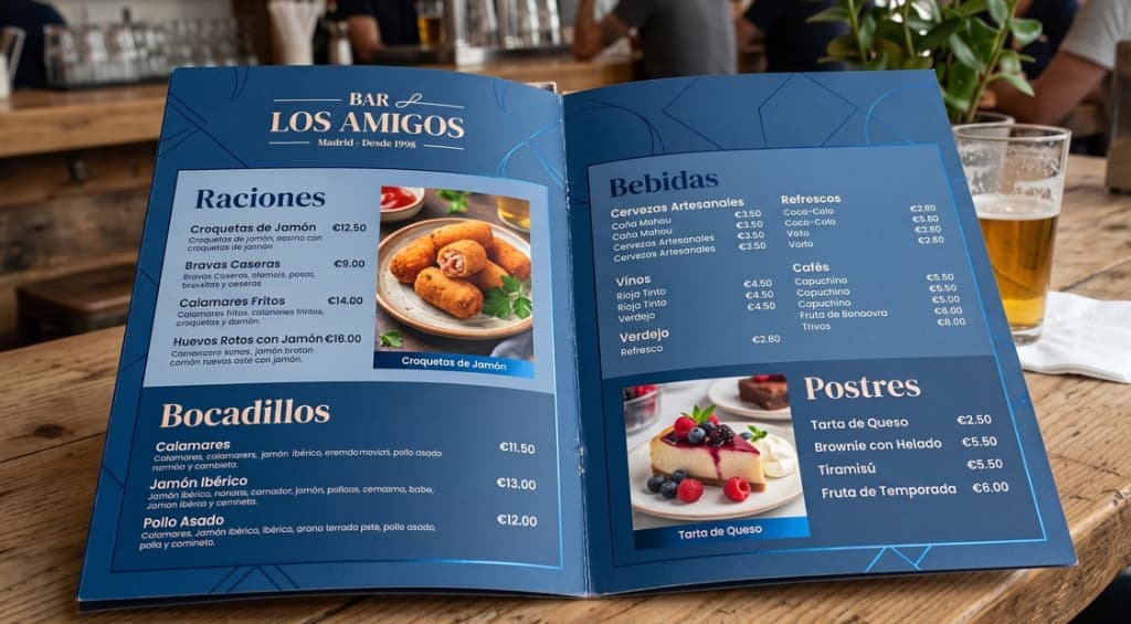Diseño de carta física moderna para Bar Los Amigos en tonos azules