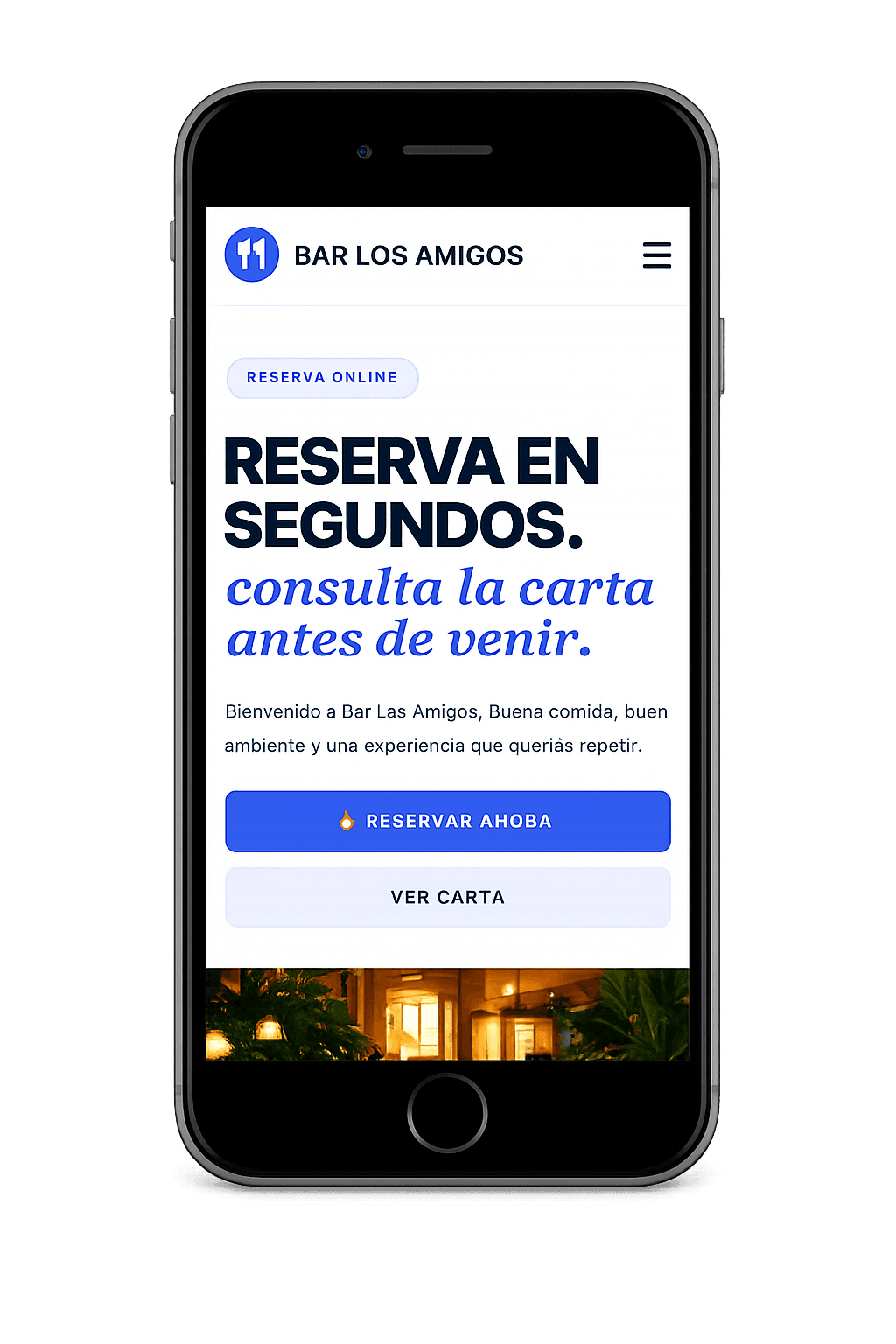 Smartphone moderno mostrando la web de un restaurante elegante