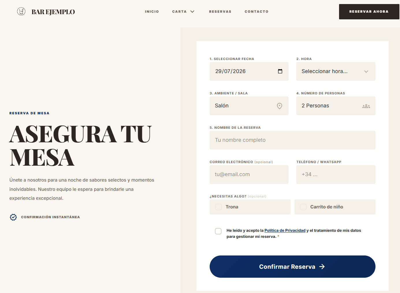 Pantalla de demo con sistema de reservas para restaurante